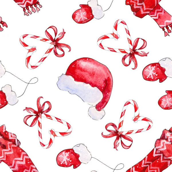 クリスマス休暇 シームレスなパターン要素の赤い帽子 マフラー ミトン 孤立した白い背景 水彩イラストのお菓子ハンド描画 車の挨拶 — ストック写真