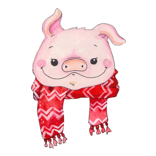 Chinese Year Pig New Year Greeting Card Watercolor Cartoon Piggy — Stock Photo, Image