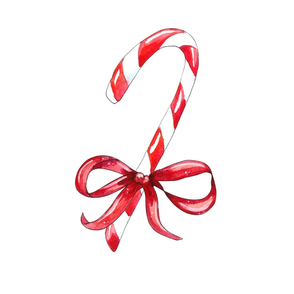 Christmas Candy Cane Red Bow Isolated White Background Hand Drawn — Stock Photo, Image