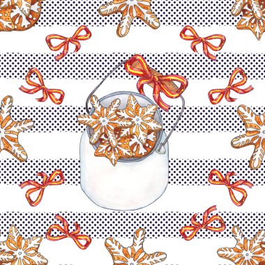 Noel temalı sulu boya Dikişsiz desen. Gingerbread, süslemeleri, kurabiye kavanozuna. Beyaz arka planda, elle çizilmiş kroki styl çizimde izole seamless modeli