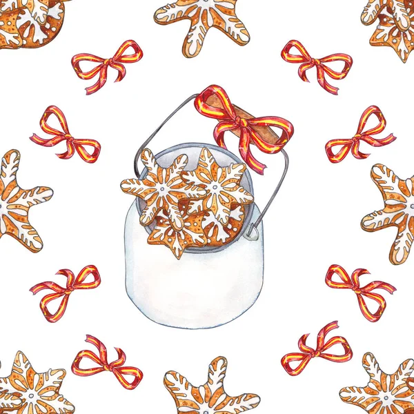 クリスマスをテーマに水彩画のシームレスなパターン ジンジャーブレッド 瓶の中のクッキー 白い背景に スケッチ風の手描きイラストに分離されたシームレスなパターン — ストック写真
