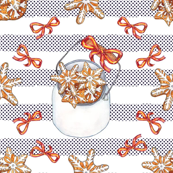 クリスマスをテーマに水彩画のシームレスなパターン ジンジャーブレッド 瓶の中のクッキー 白い背景に スケッチ風の手描きイラストに分離されたシームレスなパターン — ストック写真