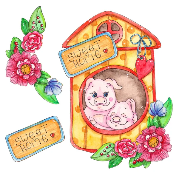 Sweet Home Piggy Illustratie Schattig Knuffelen Varkens Huis Met Bloemen — Stockfoto