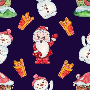 suluboya el muhteşem Noel karakter Santa çekilmiş. Tasarım düğün davetiyeleri, tebrik kartları, kartpostallar, davetiyeler, çocuk kitapları için seamless modeli