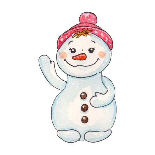 Mão Aquarela Desenhado Fabuloso Personagem Natal Boneco Neve Ilustração Desenho — Fotografia de Stock