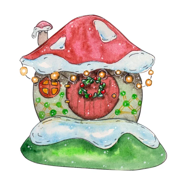 Снежный Дом Акварельная Иллюстрация Симпатичного Дома Новогоднего Декора Отдельные Рисунки — стоковое фото