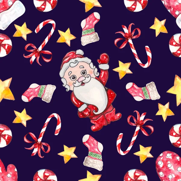 Aquarel Hand Getekend Fantastische Kerst Karakter Santa Naadloze Patroon Voor — Stockfoto