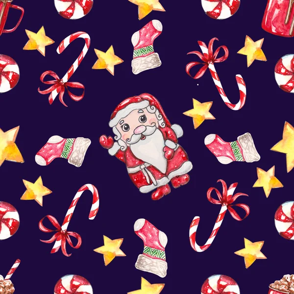 Watercolor Hand Drawn Fabulous Christmas Character Santa Seamless Pattern Design — Stock Photo, Image