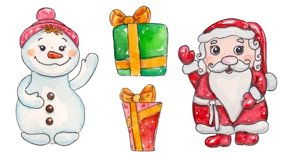 Aquarel Hand Getrokken Fantastische Kerst Tekens Instellen Vadertje Vorst Sneeuwpop — Stockfoto