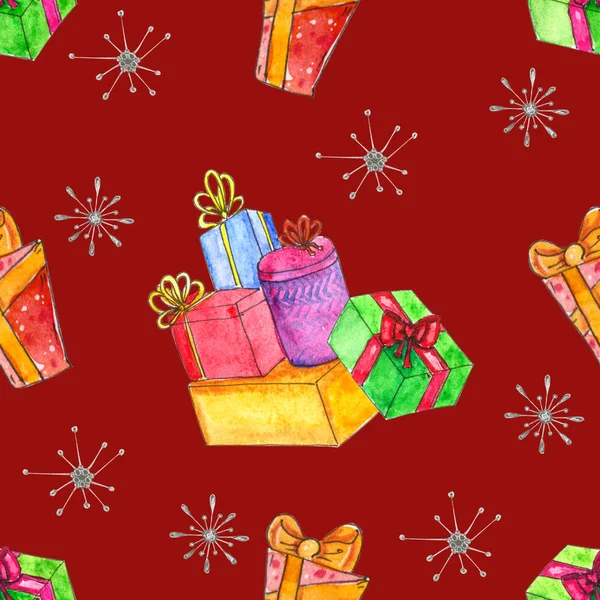 Watercolor Christmas seamless pattern with presents. Hand painted gift boxes with ribbon isolated on red background. Holiday backgroun