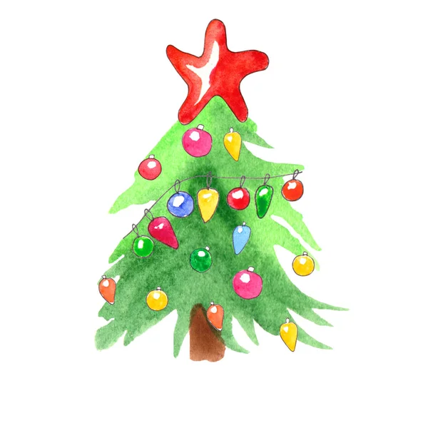 Árvore Natal Decorada Aquarela Isolada Fundo Branco Perfeito Para Cartões — Fotografia de Stock