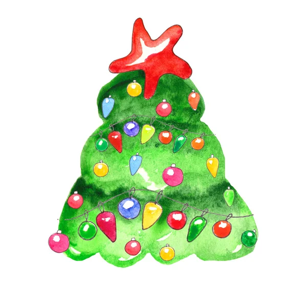 Árvore Natal Decorada Aquarela Isolada Fundo Branco Perfeito Para Cartões — Fotografia de Stock