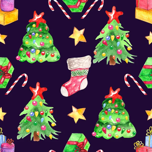 水彩のシームレスなパターン クリスマス ギフト カーネーション 星や暗い背景に飾られたクリスマス ツリーの形の要素 美しい背景と壁紙 — ストック写真