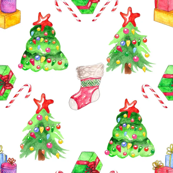 水彩のシームレスなパターン クリスマス ギフト カーネーション 白い背景に飾られたクリスマス ツリーの形の要素 美しい背景と壁紙 — ストック写真