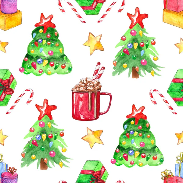 水彩のシームレスなパターン クリスマス ギフト カーネーション 白い背景に飾られたクリスマス ツリーの形の要素 美しい背景と壁紙 — ストック写真