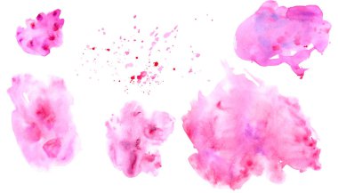 Beyaz zemin üzerine suluboya noktalar kümesi. Gerçekten suluboya doku. Romantik kırmızı renkli dekoratif doku. İzole sıçrama formları