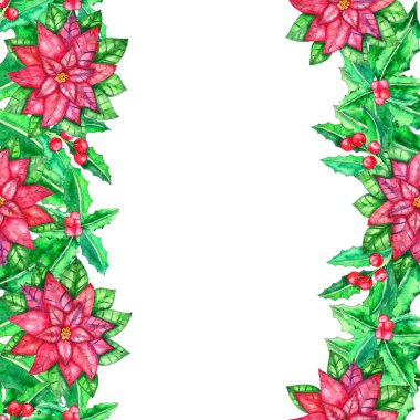 Noel renkli yaprakları ve meyveleri beyaz zemin üzerine suluboya şablonu. Tasarım afiş, broşür, poster için ideal, metin için yer ile
