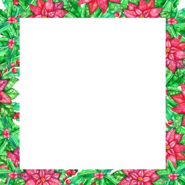 Noel renkli yaprakları ve meyveleri beyaz zemin üzerine suluboya şablonu. Tasarım afiş, broşür, poster için ideal, metin için yer ile