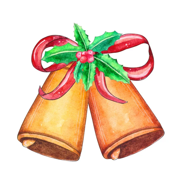 Akvarell Christmas Bells Med Holiday Inredning Hand Målade Traditionella Klockor — Stockfoto