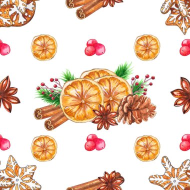 Baharat ile suluboya Noel seamless modeli. Gingerbread çerezleri ve süslemeleri ile Noel baharat. kartı, el yapımı, suluboya resim