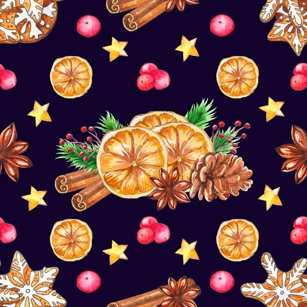 Ακουαρέλα Χριστούγεννα Χωρίς Ραφή Πρότυπο Μπαχαρικά Μελόψωμο Cookies Και Μπαχαρικά — Φωτογραφία Αρχείου