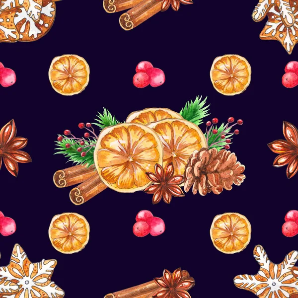 Akvarell Jul Sömlösa Mönster Med Kryddor Pepparkakor Och Jul Kryddor — Stockfoto