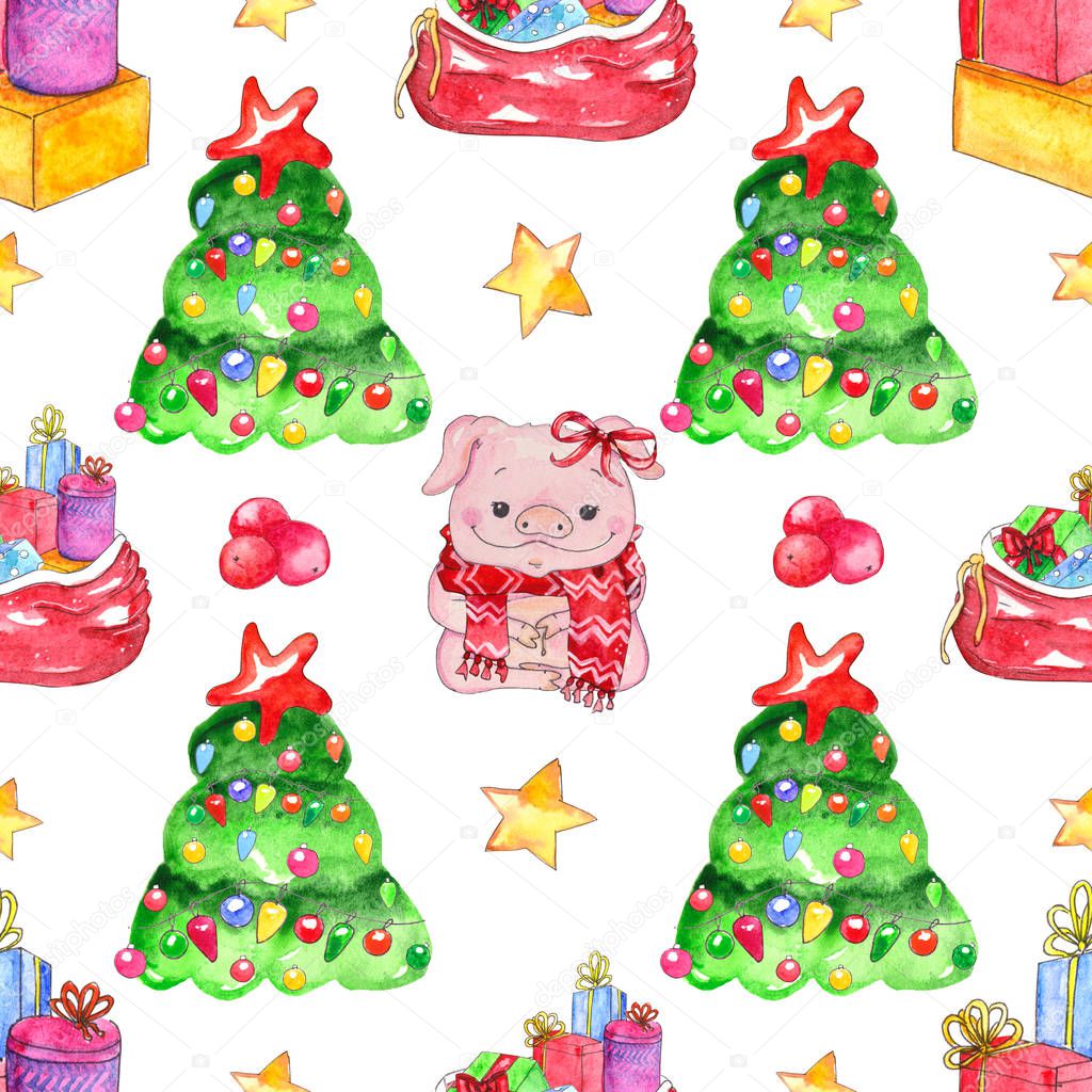 Seamless watercolor pattern. Christmas elements in the form of bag of toys, piglets, stars and decorated Christmas trees on a white background. Beautiful background and wallpaper