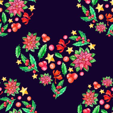Noel Yılbaşı çiçeği seamless modeli, suluboya çiçek, holly Karpuzu, koyu arka plan üzerinde izole yıldız. Cristmass kartları veya Ambalaj Kağıt, tasarım, arka plan, duvar kağıdı için idealdir.