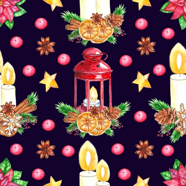 Watercolor Christmas Seamless Pattern Christmas Lantern Candles Spices Gingerbread Cookies — Stock Photo, Image