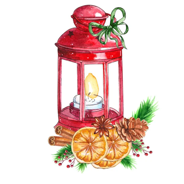 Acuarela Tradicional Linterna Roja Con Vela Decoración Navideña Linterna Navidad — Foto de Stock