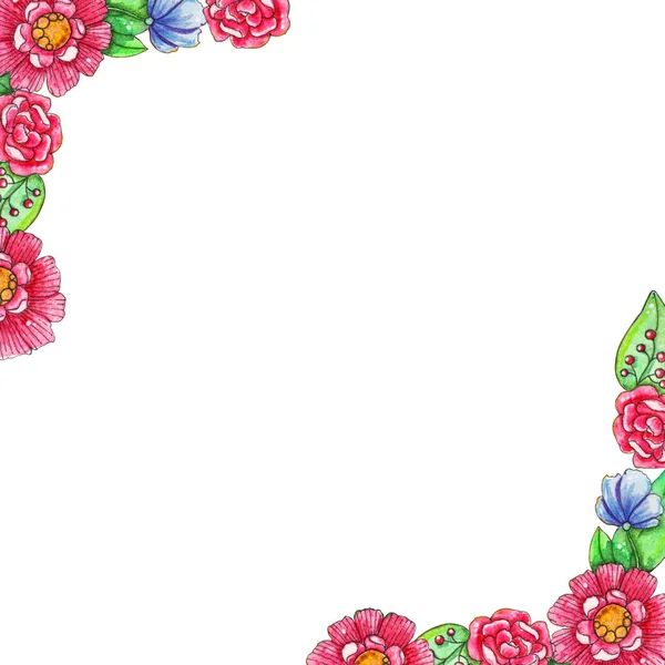 Våren Akvarell Mall Med Färgade Blad Och Blommor Vit Bakgrund — Stockfoto