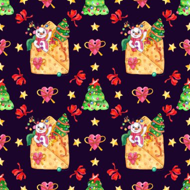 suluboya elle çizilmiş Christmas illüstrasyon kardan adam ile süslenen köknar ağacı ve posta ile mevcut. Tasarım düğün davetiyeleri, tebrik kartları, kartpostallar, davetiyeler, çocuk kitapları için seamless modeli