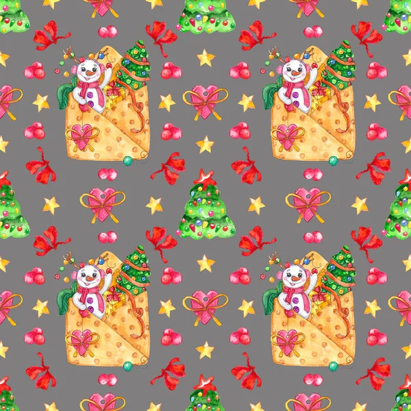 雪だるま 水彩手描きクリスマス イラストはモミの木を装飾され メールで提示します 結婚式招待状 グリーティング カード ポストカード 招待状 子どもの本の設計のためのシームレスなパターン — ストック写真
