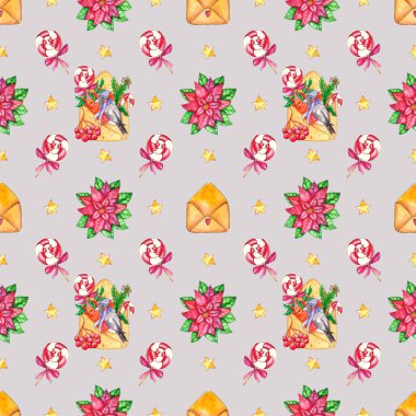 suluboya el ile Christmas illüstrasyon şakrak kuşu, lolipop, rowanberry ve portakal ile posta ile çekilmiş. Tasarım düğün davetiyeleri, tebrik kartları, kartpostallar, davetiyeler, çocuk kitapları için seamless modeli