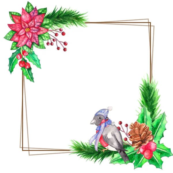 Mall För Akvarell Jul Jul Illustration Med Domherre Lollipop Rönnbärs — Stockfoto