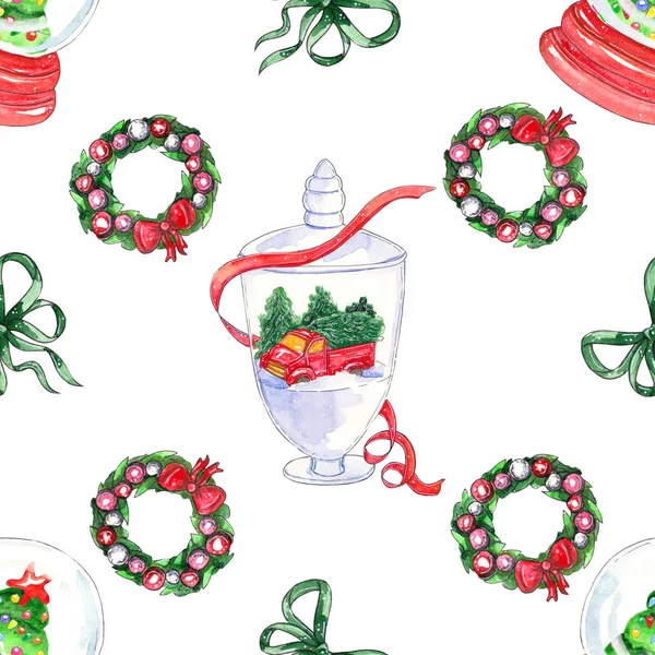 Christmas Centrepiece Element Seamless Pattern Wreath Snow Globe Bow Watercolor — Stock Photo, Image