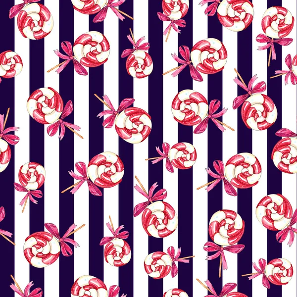 Akvarell Jul Virvel Lollipop Sömlösa Mönster Isolerad Strip Bakgrund Handritad — Stockfoto