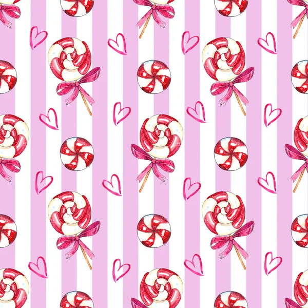 Watercolor Christmas Swirl Lollipop Hearts Seamless Pattern Isolated Strip Background — Stock Photo, Image