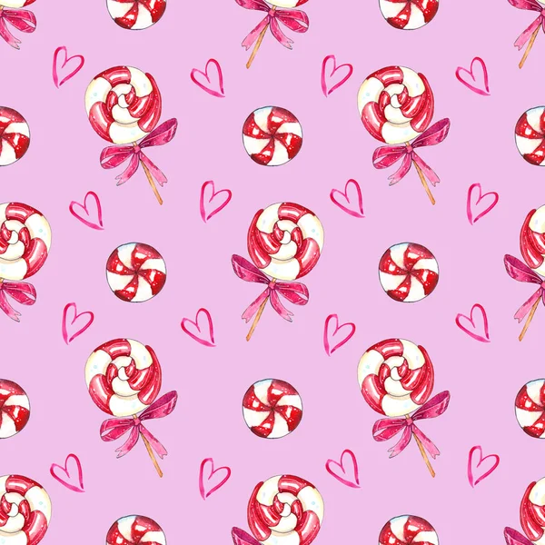 Akvarell Jul Virvel Lollipop Med Hjärtan Sömlös Mönster Isolerade Rosa — Stockfoto