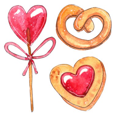 Suluboya unsurları Sevgililer günü için ayarlayın. El boyalı dondurma, pasta, kurabiye. Mükemmel tasarım düğün davetiyeleri, tebrik kartları, kartpostallar, davetiyeler, çocuk kitapları için