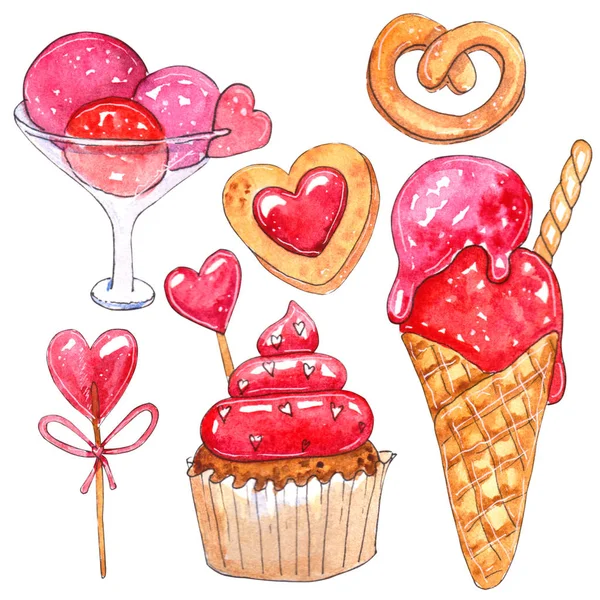 Akwarela Zestawu Elementów Walentynki Ręcznie Malowane Lody Ciasta Ciasteczka Idealne — Zdjęcie stockowe