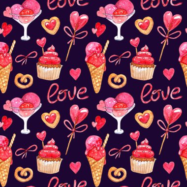 Suluboya sorunsuz imkanı üzerinde izole koyu arka plan desen, sevgi, kalp, tanımlama bilgileri, dondurma ile çizilen illüstrasyon ver.