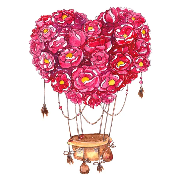 Dłoń Akwarela Ciągnione Gorącym Powietrzem Balon Sercem Kwiatów Ręcznie Malowane — Zdjęcie stockowe