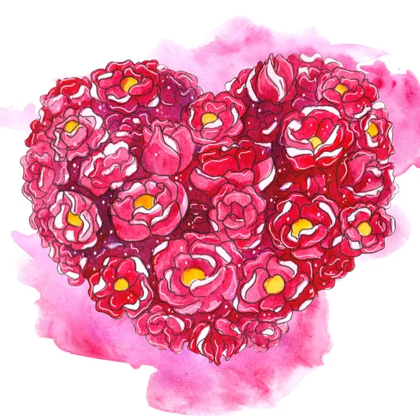 Aquarelle Dessinée Main Coeur Romantique Fleurs Clip Art Peint Main — Photo