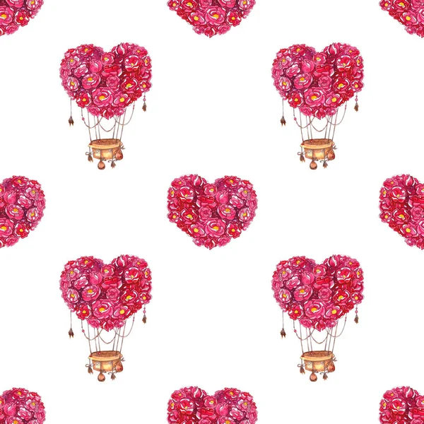 Akvarell Sömlösa Mönster Med Luftballong Och Hjärta Blommor Handmålade Clipart — Stockfoto