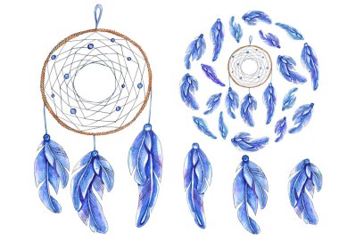 Suluboya dreamcatcher izole üzerinde beyaz arka plan ayarlayın. Mükemmel tasarım düğün davetiyeleri, tebrik kartları, kartpostallar, davetiyeler, çocuk kitapları için