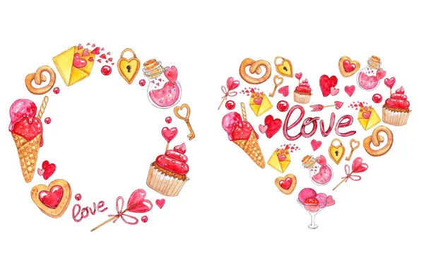 손으로 발렌타인 인사말 분홍색 빨간색 스러운의 수채화 컬렉션 디자인 요소와 — 스톡 사진