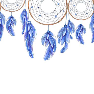 Suluboya el çekilmiş şablon dreamcatcher ve tüyler. Düğün davetiyeleri, duvar afişleri, dijital projeler, scrapbooking, kartları, Tekstil için dekorasyon için mükemmel tasarım