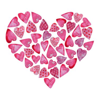 Suluboya kalpler boyalı el ile ayarlayın. Pembe ve kırmızı renklerde yaratıcı form şablonu. İzole nesneleri Sevgililer günü daveti veya romantik posta kartları için mükemmel.