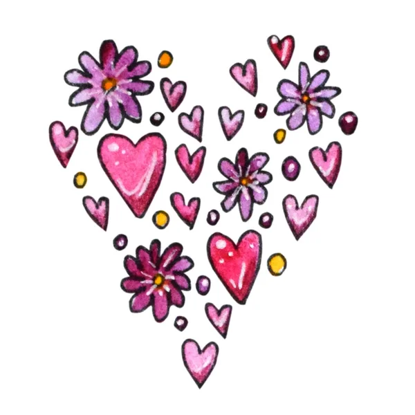 手描きの花と心の水彩セット 赤とピンクの色で創造的なフォーム テンプレートです 孤立したオブジェクトの招待状 カード デザインに最適 — ストック写真